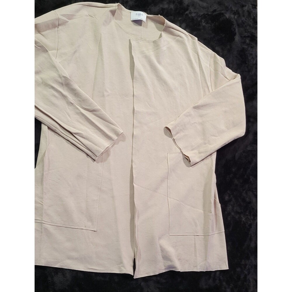 Zara Jacket Blazer Womens Large Cotton Blend Long Sleeve Beige Career Open Front
